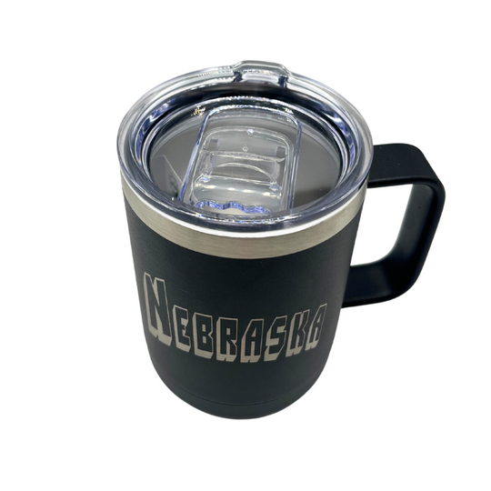 15 oz. Stainless Steel Mug Tumbler with Handle | Nebraska Engraved | Black | Double Insulated | Made in Alda, NE | RCK Creations & More