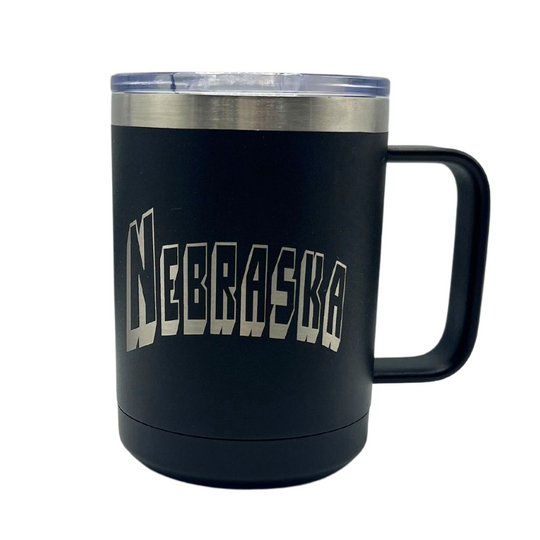 15 oz. Stainless Steel Mug Tumbler with Handle | Nebraska Engraved | Black | Double Insulated | Made in Alda, NE | RCK Creations & More