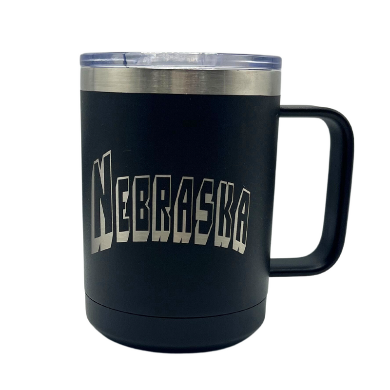 15 oz. Stainless Steel Mug Tumbler with Handle | Nebraska Engraved | Black | Double Insulated Wall | Keeps Drinks Hot/Cold