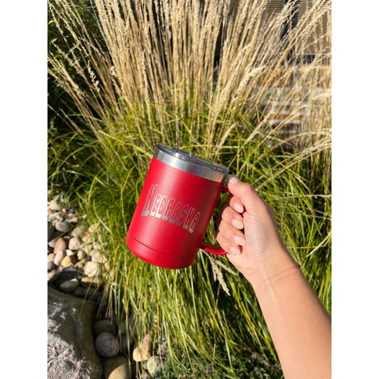 15 oz. Stainless Steel Mug Tumbler with Handle | Nebraska Engraved | Red | Double Insulated Wall To Keep Drinks Hot and Cold | Sweat and Leak Proof