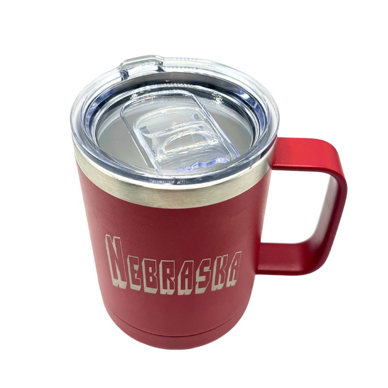 15 oz. Stainless Steel Mug Tumbler with Handle | Nebraska Engraved | Red | Double Insulated Wall To Keep Drinks Hot and Cold | Sweat and Leak Proof