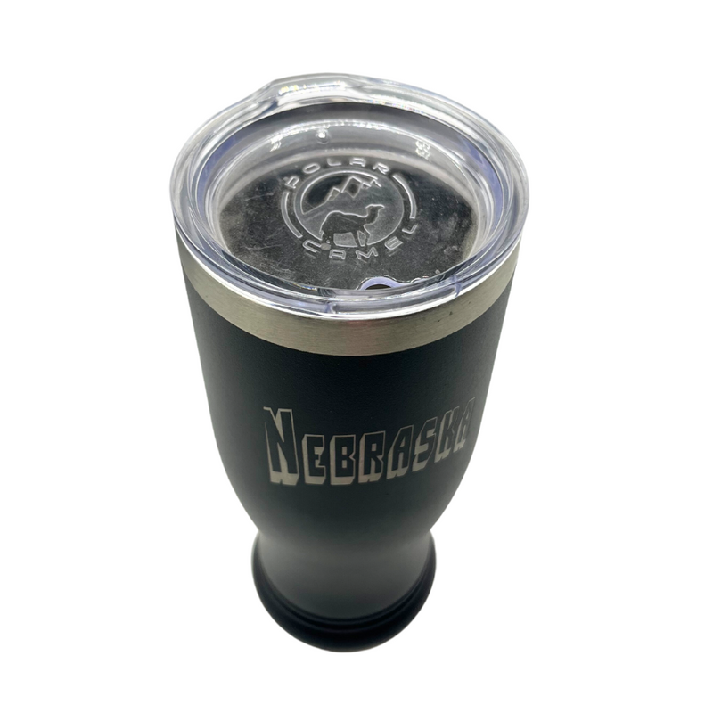 Stainless Steel Pilsner Tumbler | 14 oz. | Nebraska Engraved | Black | Clear, Spill-Resistant Lid Included | Perfect Gift For Husband, Father, and Nebraska Fan | Made With High Quality Materials | Double Insulated Wall