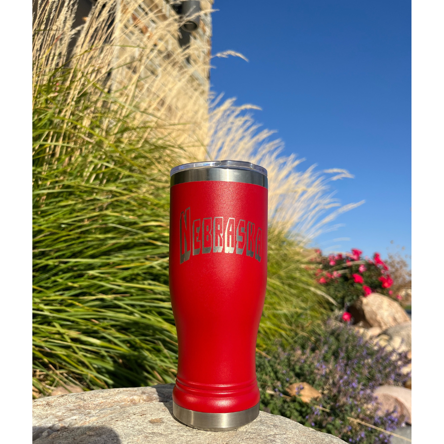 14 oz. Stainless Steel Pilsner Tumbler |Nebraska Engraved | Red | Spill-Resistant Lid | Made in Alda, NE | RCK Creations & More