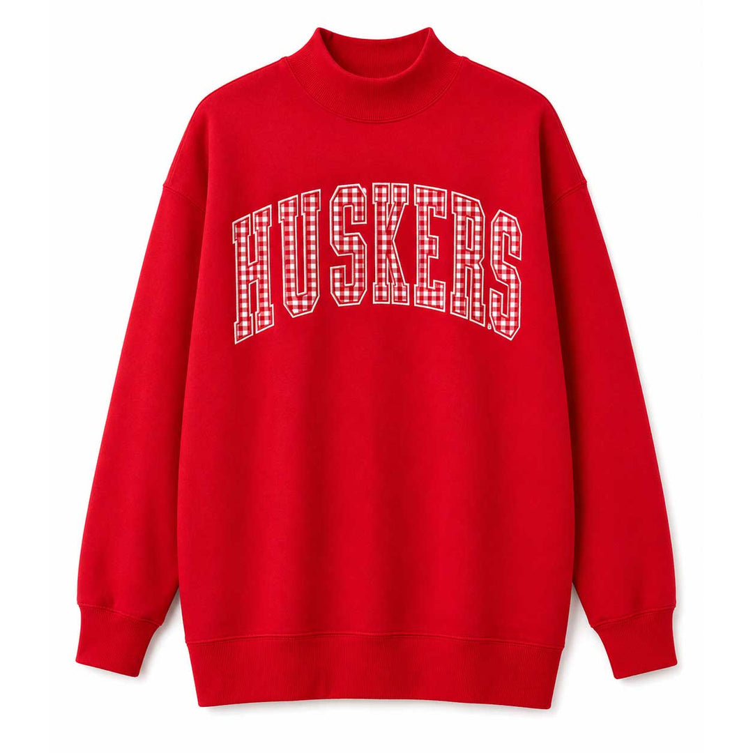 Huskers Sewn Appliqué Red Gingham Licensed Women's Mock Neck Sweatshirt | Multiple Sizes | H.Flynn Designs