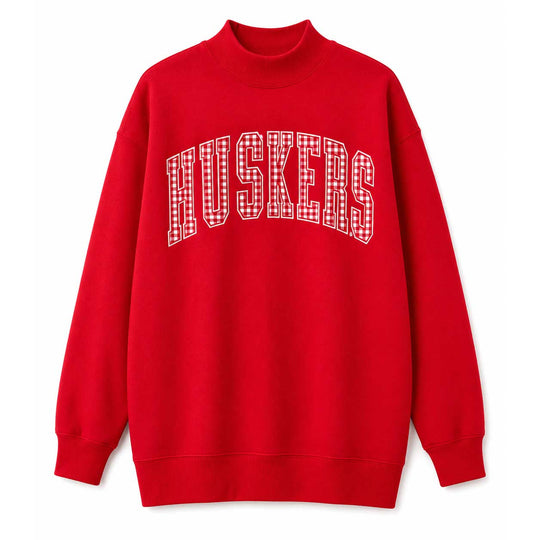 Huskers Sewn Appliqué Red Gingham Licensed Women's Mock Neck Sweatshirt | Multiple Sizes | H.Flynn Designs