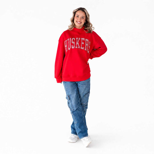 Huskers Sewn Appliqué Red Gingham Licensed Women's Mock Neck Sweatshirt | Multiple Sizes | H.Flynn Designs