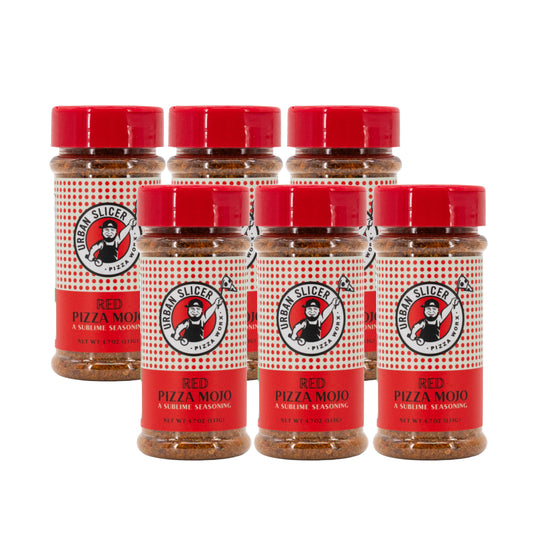 Six jars of Urban Slicer Red Pizza Mojo seasoning on a white background