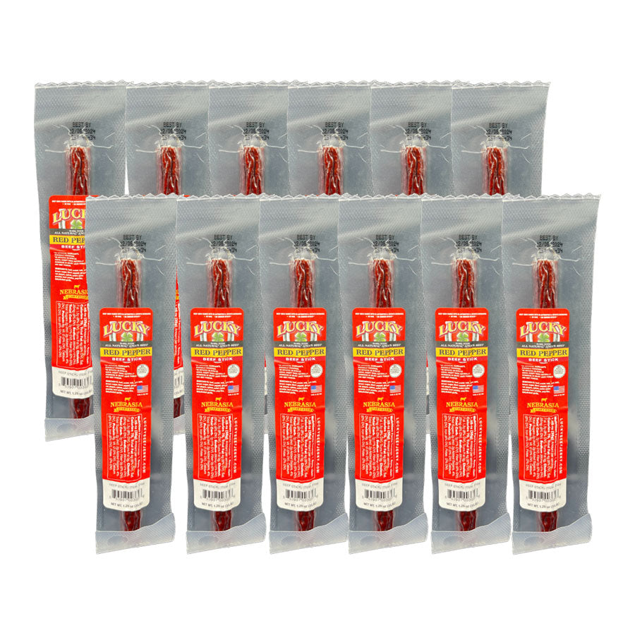 Multiple packages of Lucky Jerky with red labels on a white background