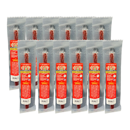 Multiple packages of Lucky Jerky with red labels on a white background