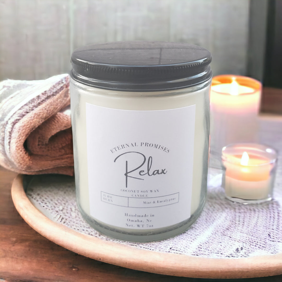 Relax Candle | 7 oz. | Mint + Eucalyptus Scent | Therapeutic Aroma | Made in Omaha, NE | Eternal Promises