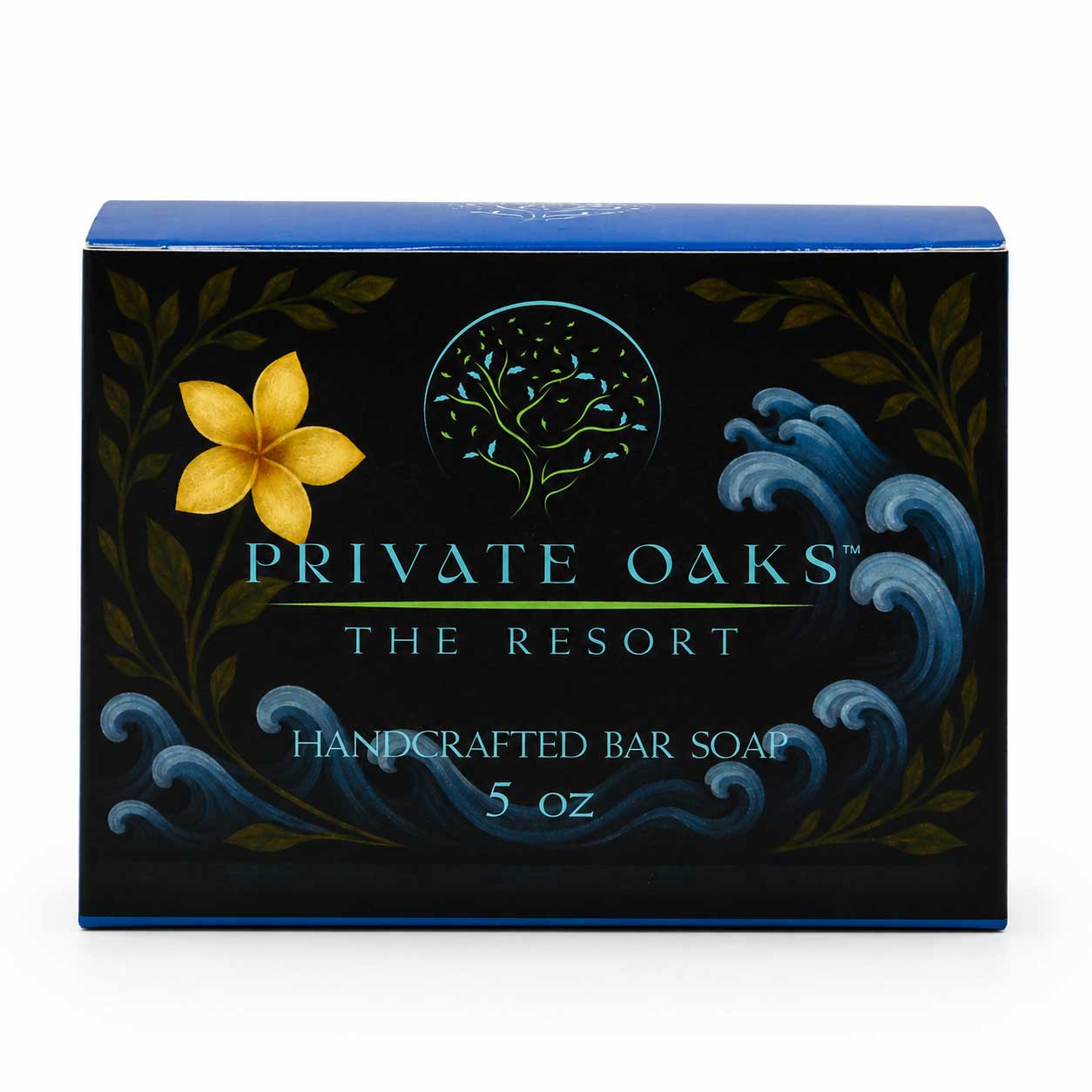 A 5 oz box of Private Oaks The Resort Handcrafted Bar Soap. The packaging is black with blue wave illustrations, green leaves, a yellow flower, and white text.