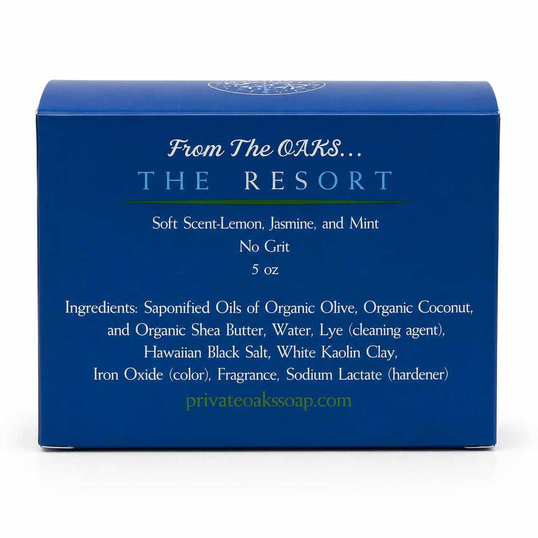 A blue rectangular product box for 'The Resort' scented soap by 'From The OAKS.