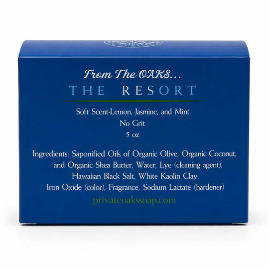 A blue rectangular product box for 'The Resort' scented soap by 'From The OAKS.