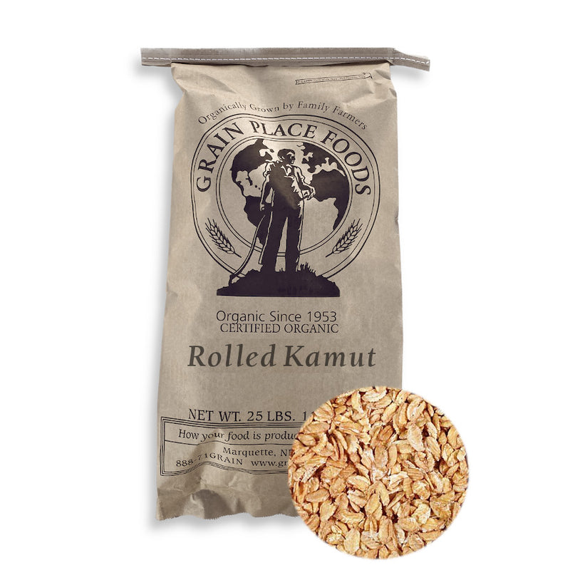 One 25 Pound Bag Of Organic Rolled Kamut Wheat On A White Background