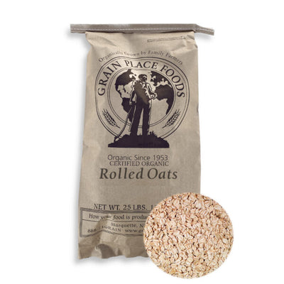 One 25 Pound Bag Of Organic Rolled Oats On A White Background