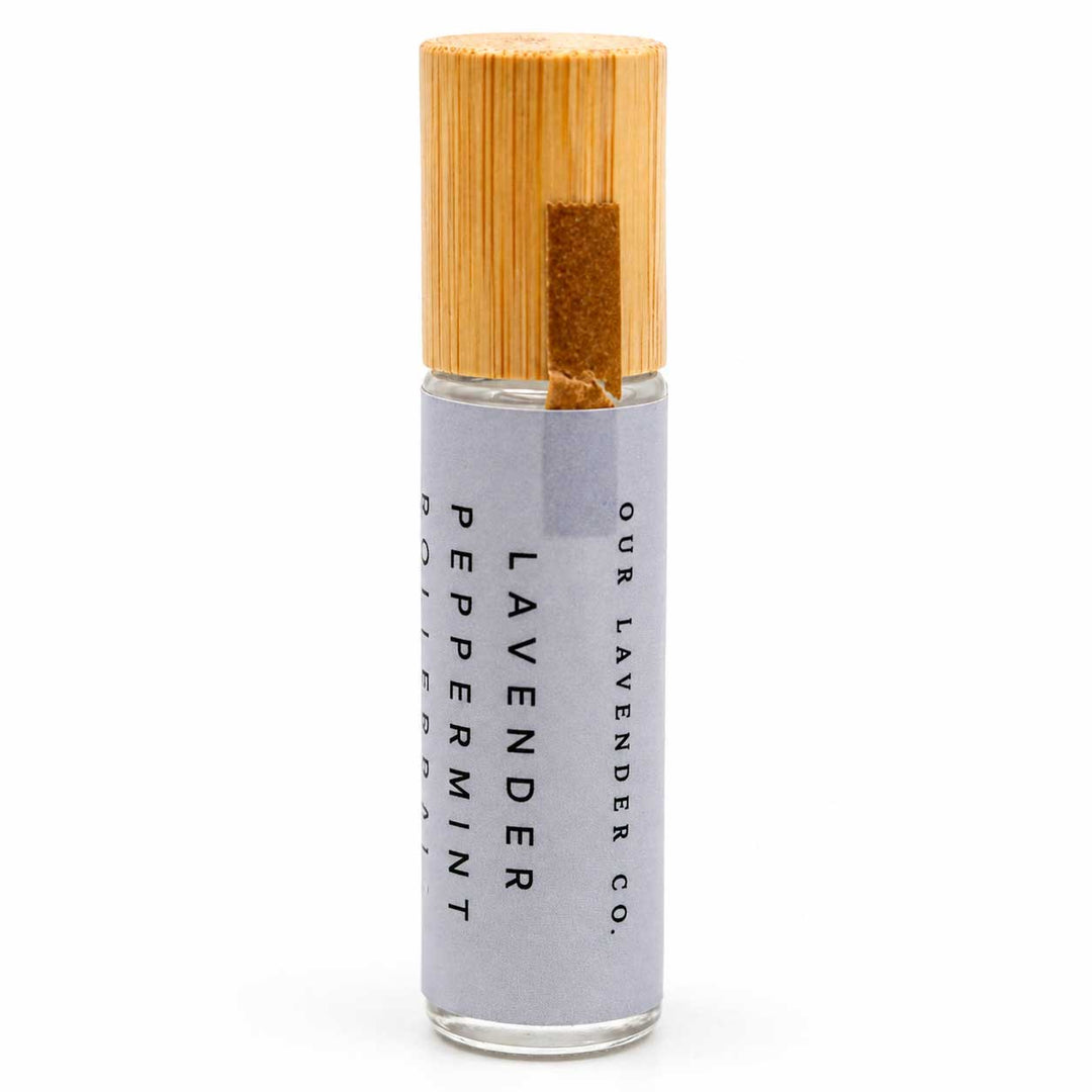 Roll-on bottle with bamboo cap and lavender peppermint label on a white background