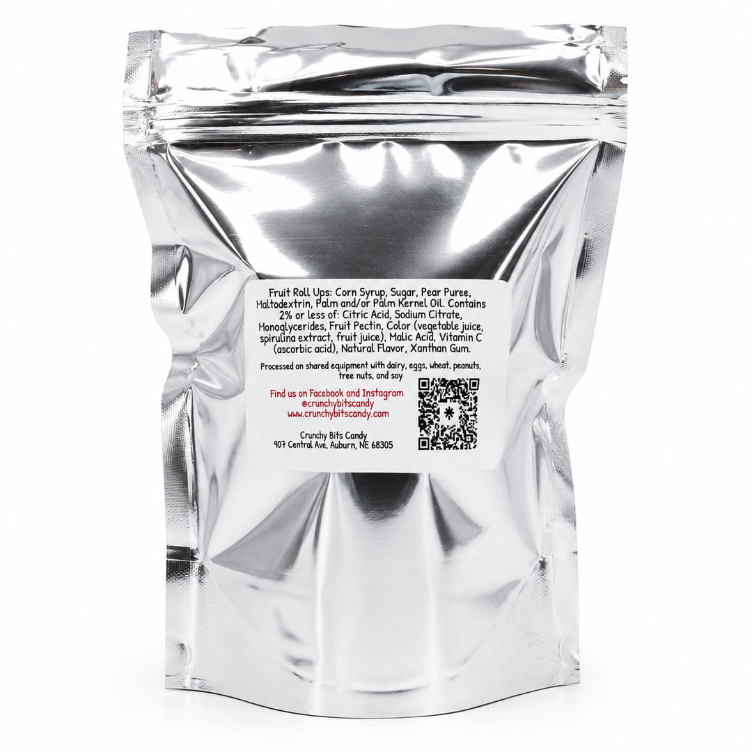 Silver foil packaging with a label on a white background