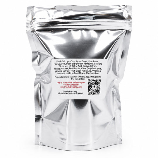 Silver foil packaging with a label on a white background
