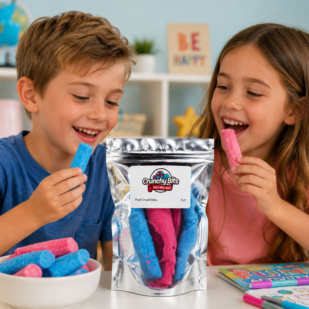 Two children enjoying Crunchy Bits snacks with a bag of the product in the foreground.