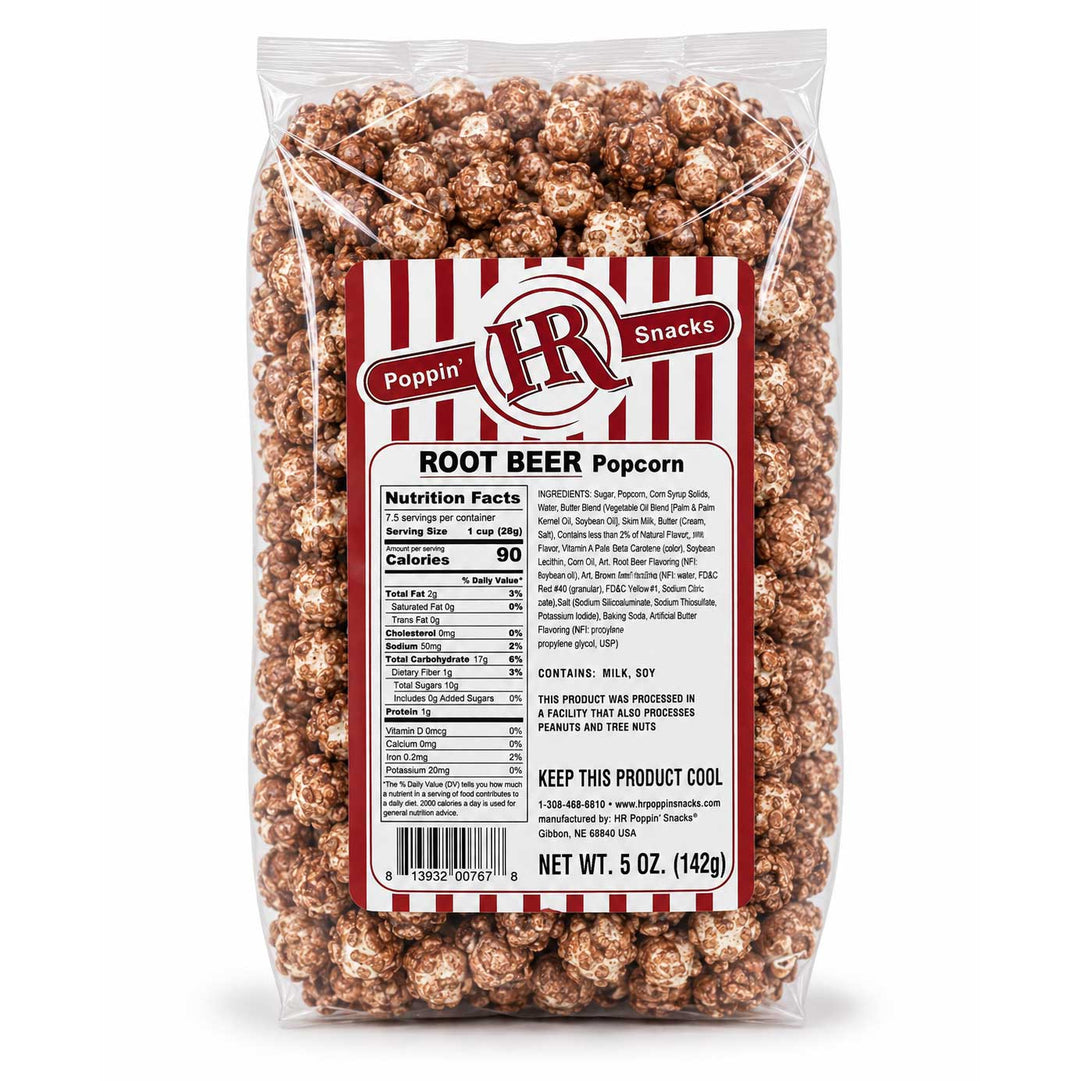 A 5 oz clear plastic bag of HR Snacks Popping' Root Beer Popcorn, showing the light brown popcorn inside with a red and white striped label on a white background.