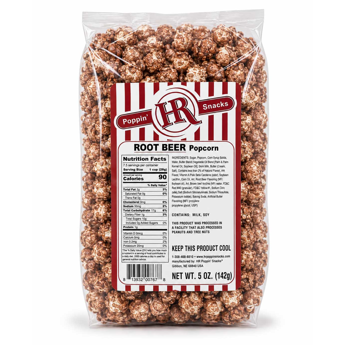 A 5 oz clear plastic bag of HR Snacks Popping' Root Beer Popcorn, showing the light brown popcorn inside with a red and white striped label on a white background.