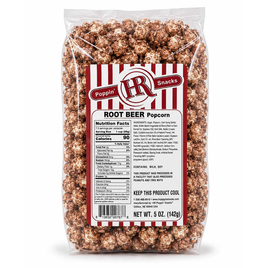 A 5 oz clear plastic bag of HR Snacks Popping' Root Beer Popcorn, showing the light brown popcorn inside with a red and white striped label on a white background.