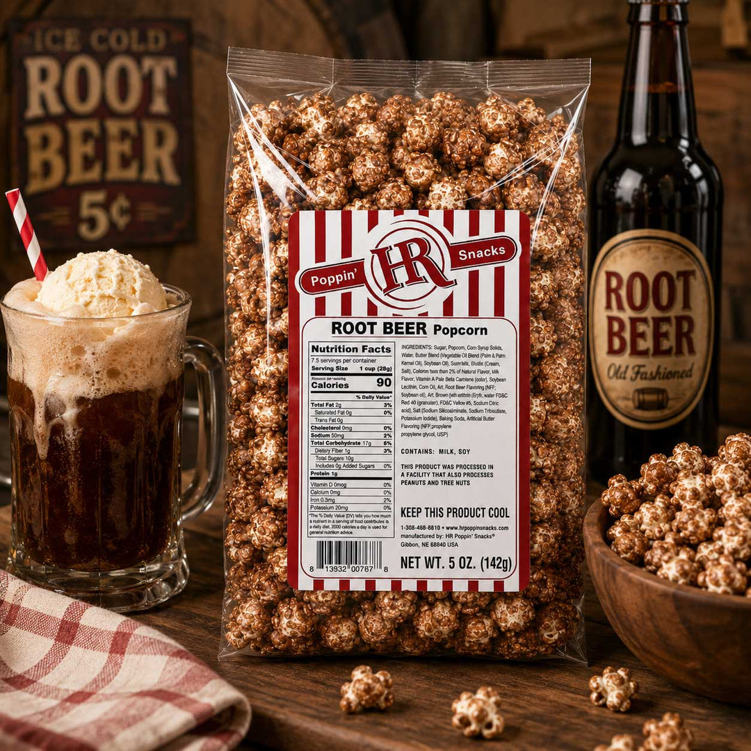 A 5 oz bag of HR Snacks Root Beer Popcorn displayed on a rustic wooden table with a glass of root beer, a bowl of popcorn, and a vintage root beer sign in the background.