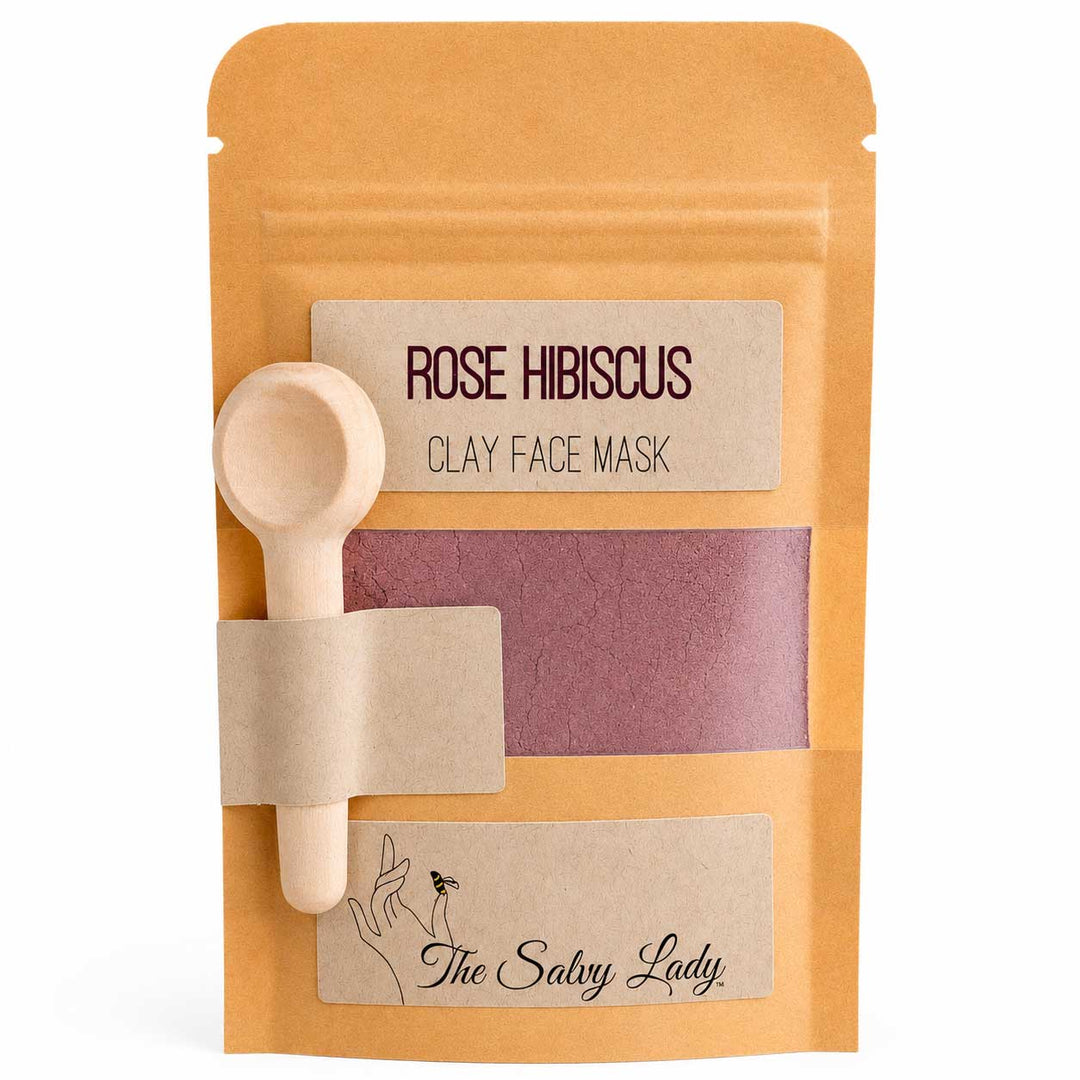 Rose Hibiscus clay face mask package with wooden scoop and 'The Salvy Lady' branding.