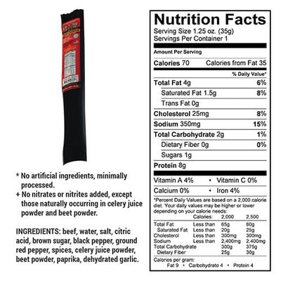 Red Pepper Beef Stick | 1.25 oz. | Perfectly Cooked Hot, Sweet, & Premium All Natural Beef | Spice Lovers | Spicy Snack | All Natural | Nebraska Beef | Expertly Cooked & Seasoned | Lean, Tender Beef | 6 Pack | Shipping Included