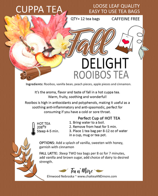 Fall Delight Rooibos Tea | 12 Tea Bags | Caffeine Free | Hot Tea For Sickness | Fruity & Soothing Tea | Made in Elmwood, NE | Tea n More