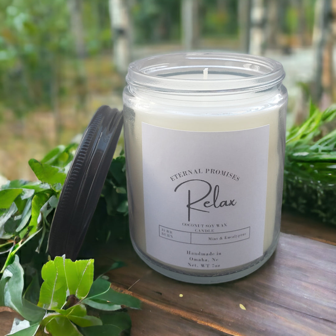 Relax Candle | 7 oz. | Mint + Eucalyptus Scent | Therapeutic Aroma | Made in Omaha, NE | Eternal Promises