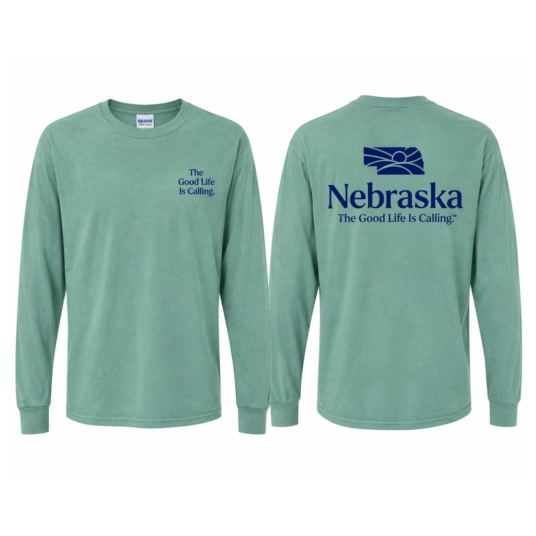 Front and back views of a sage green long-sleeve t-shirt. The front features a small navy blue text print on the left chest reading 'The Good Life Is Calling'.