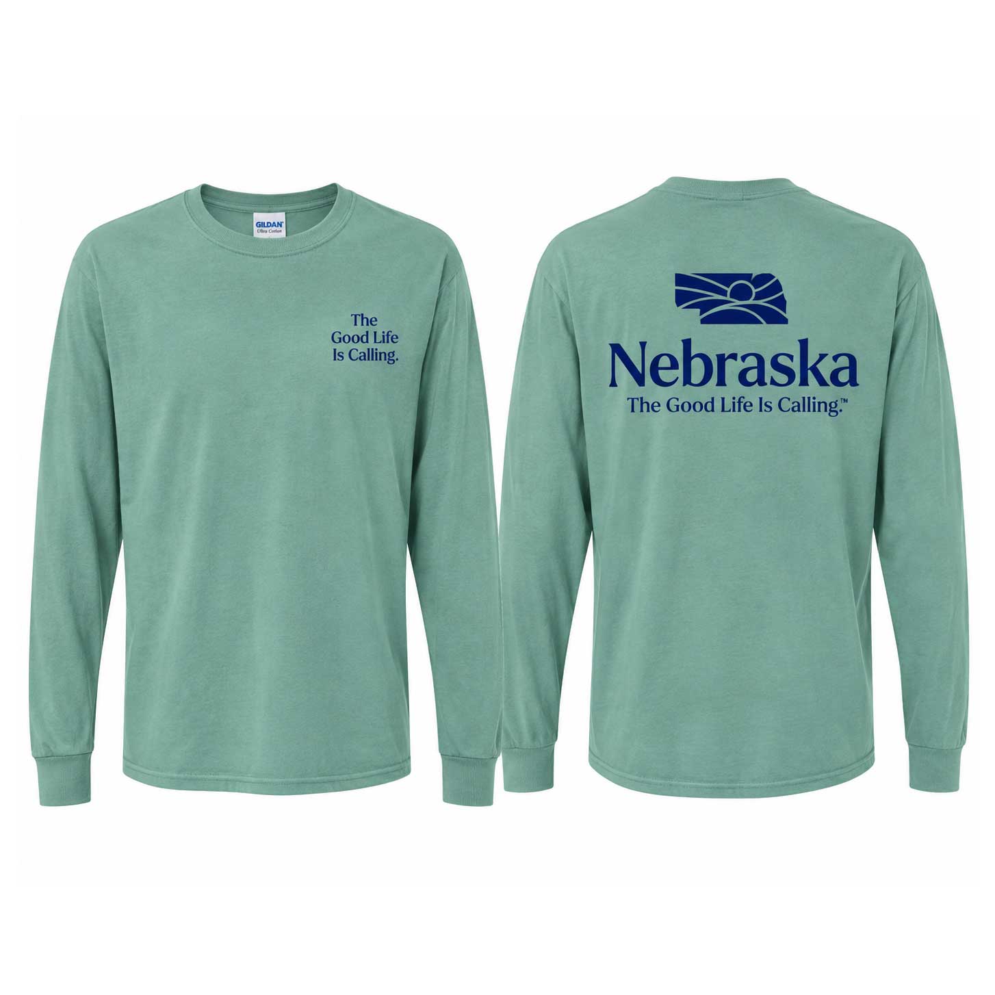 Front and back views of a sage green long-sleeve t-shirt. The front features a small navy blue text print on the left chest reading 'The Good Life Is Calling'.
