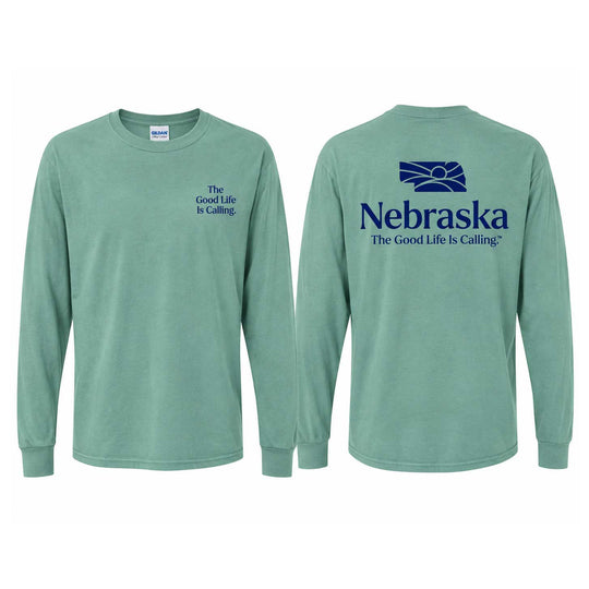 Front and back views of a sage green long-sleeve t-shirt. The front features a small navy blue text print on the left chest reading 'The Good Life Is Calling'.