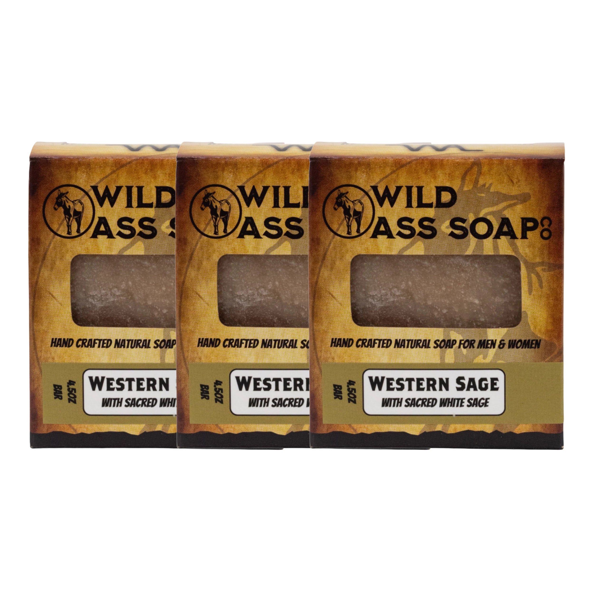 Three bars of Wild Ass Soap in packaging on a white background