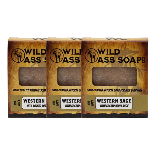 Three bars of Wild Ass Soap in packaging on a white background