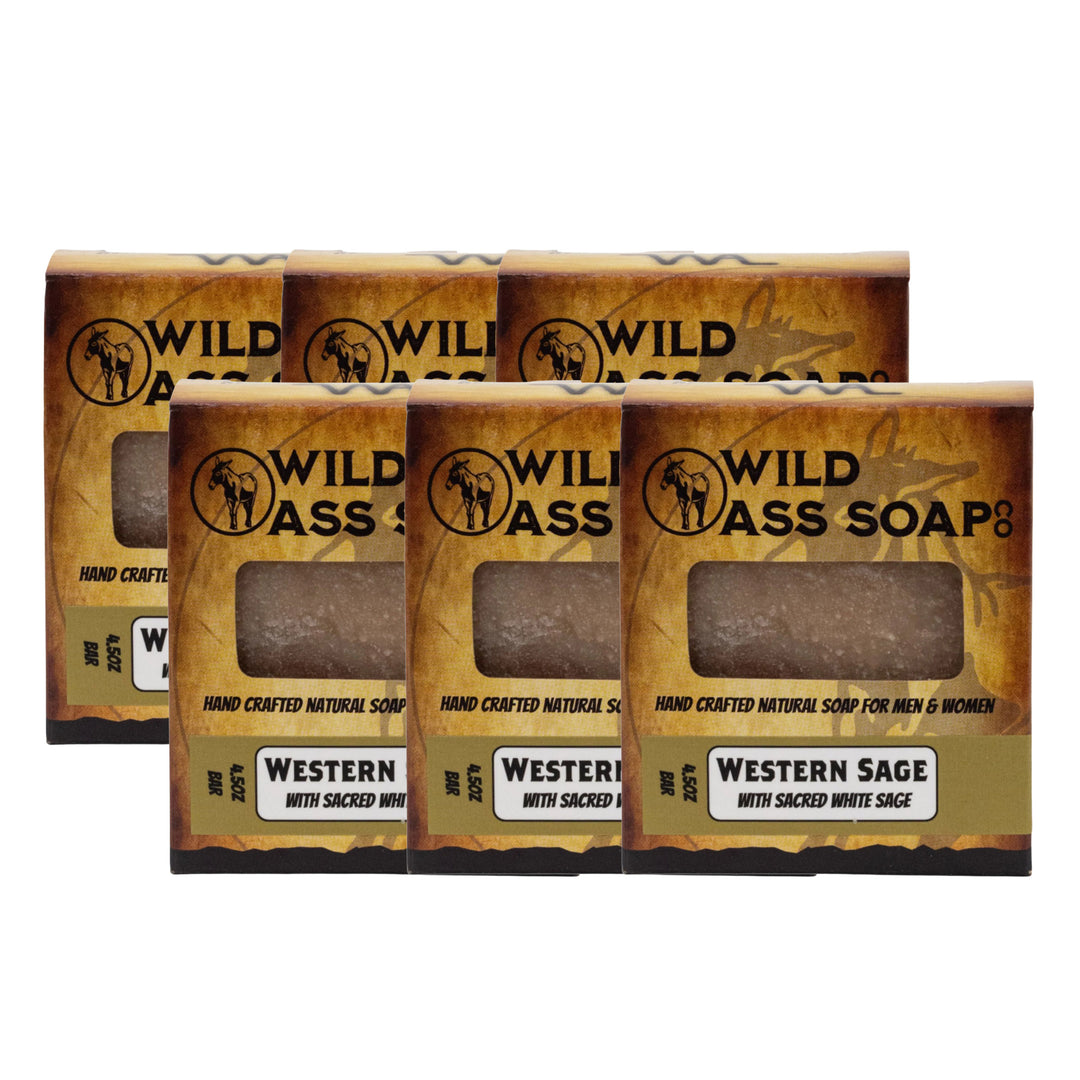 Multiple packages of Wild Ass Soap with Western Sage labels on a white background.