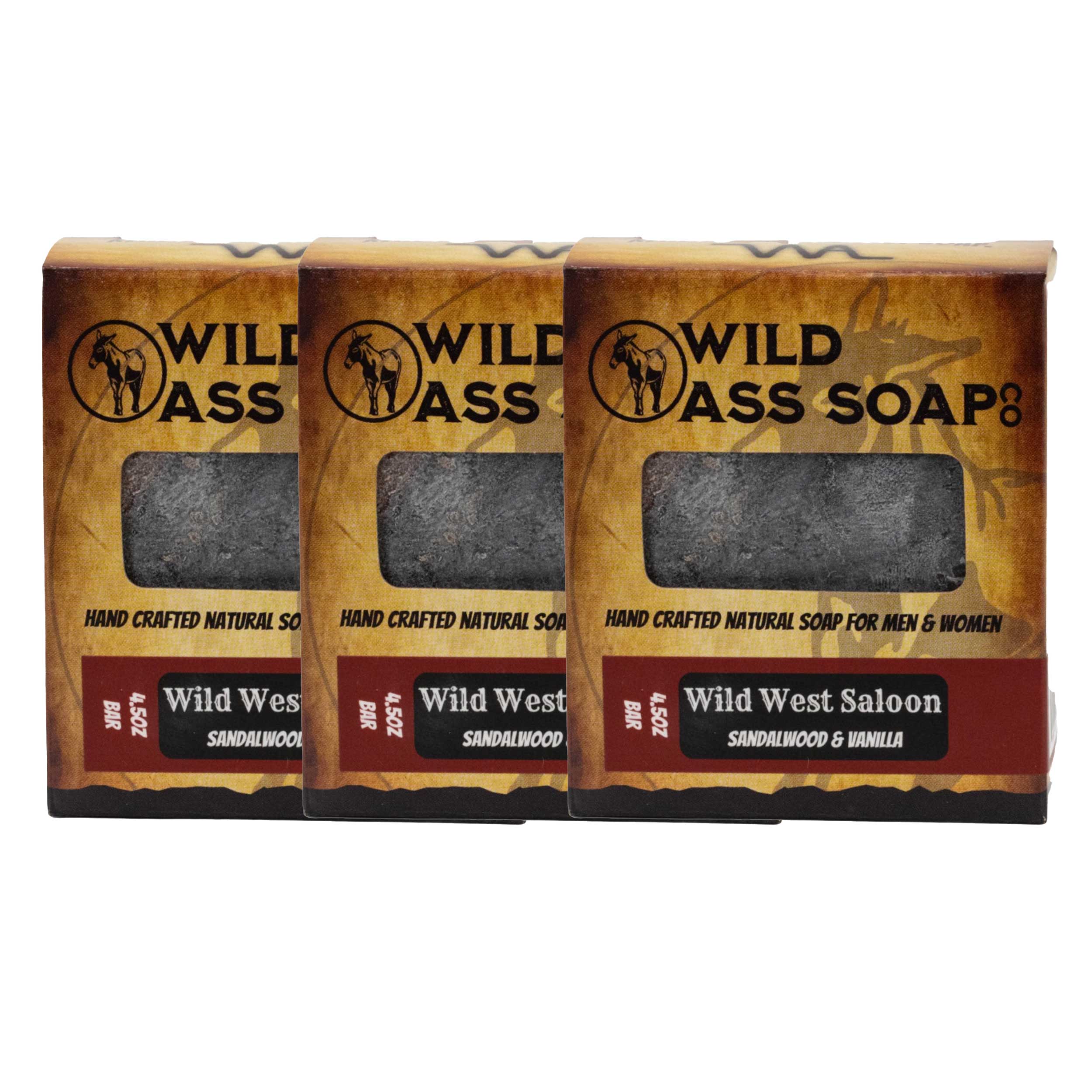 Three bars of Wild Ass Soap in packaging on a white background