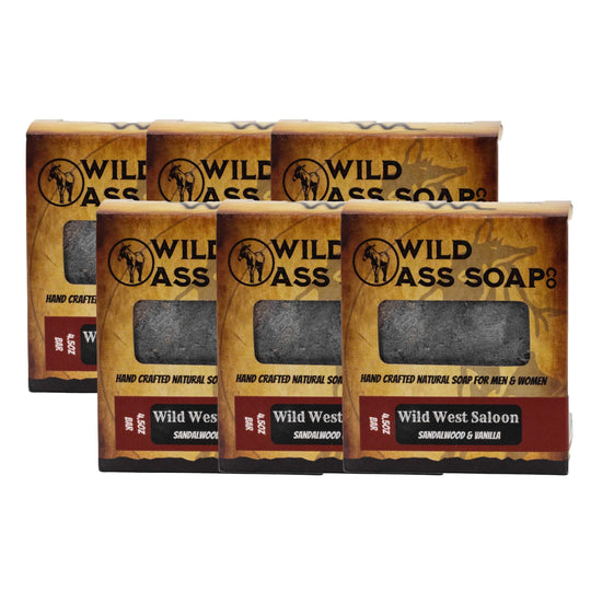 Multiple boxes of Wild Ass Soap with branding and product details on a white background