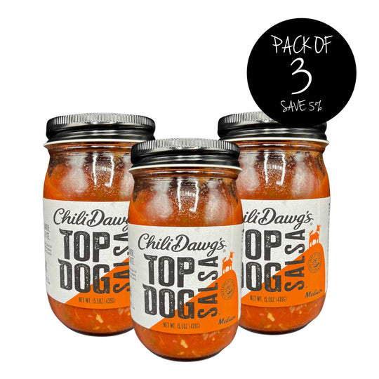 Medium Salsa | Top Dog | 15.5 oz. | Pack of 3 | Perfect Spice | Made in Blair, NE | Chili Dawg's Foods of Fire