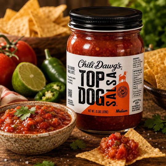 A jar of Chili Dawg's Top Dog Salsa sits on a rustic wooden table surrounded by food props including tortilla chips, a bowl of salsa, tomatoes, jalapeños, and lime. The jar has a black lid and a white label with orange and black text.