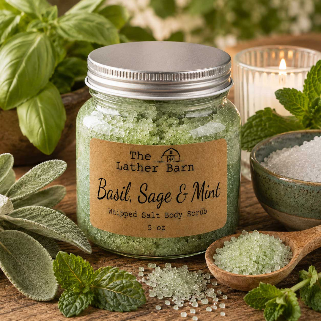 A 5 oz jar of The Lather Barn Basil, Sage & Mint Whipped Salt Body Scrub, filled with light green salt crystals and topped with a silver lid. The jar is styled on a rustic wooden surface with fresh sage leaves, a wooden spoon of scrub, a bowl of white salt, and a lit candle in the background.