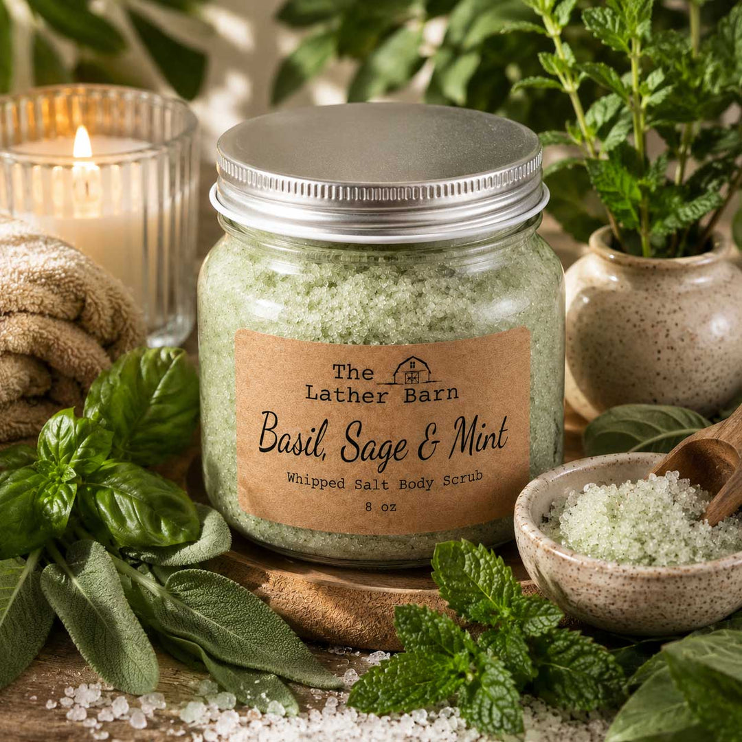 A jar of The Lather Barn Basil, Sage & Mint Whipped Salt Body Scrub surrounded by fresh herbs, a lit candle, and a small bowl of scrub on a rustic wooden surface.