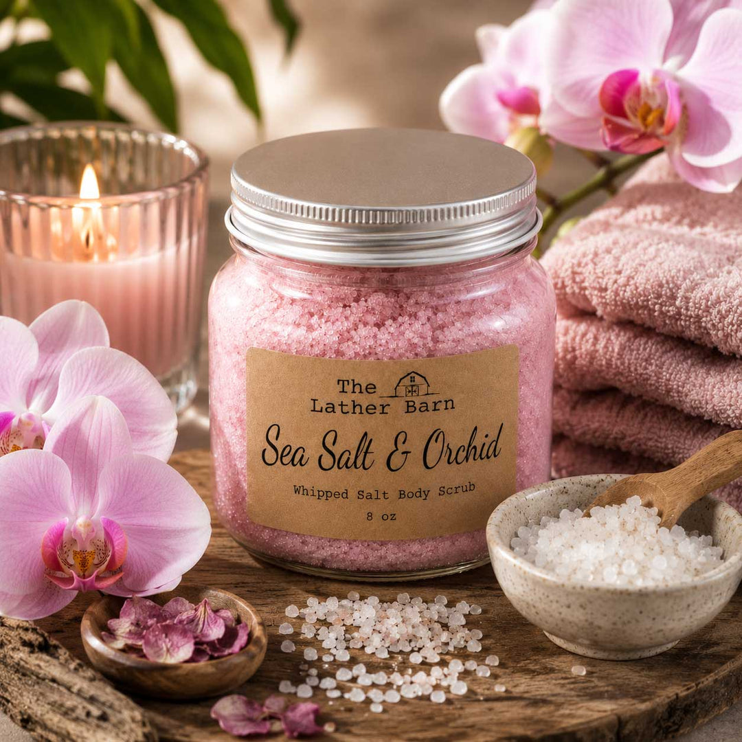 A jar of pink sea salt body scrub by The Lather Barn sits on a rustic wooden surface, surrounded by pink orchids, folded pink towels, a lit candle, and small bowls of salt and dried petals.