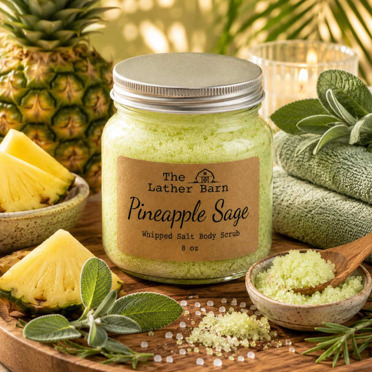 A jar of The Lather Barn Pineapple Sage Whipped Salt Body Scrub sits on a wooden tray surrounded by pineapple slices, sage leaves, a wooden spoon with scrub, and rolled towels, with a blurred pineapple and greenery in the background.