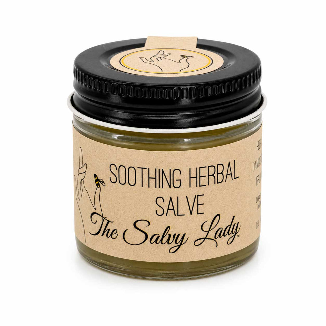 Jar of 'Soothing Herbal Salve' by 'The Salvy Lady' on a white background
