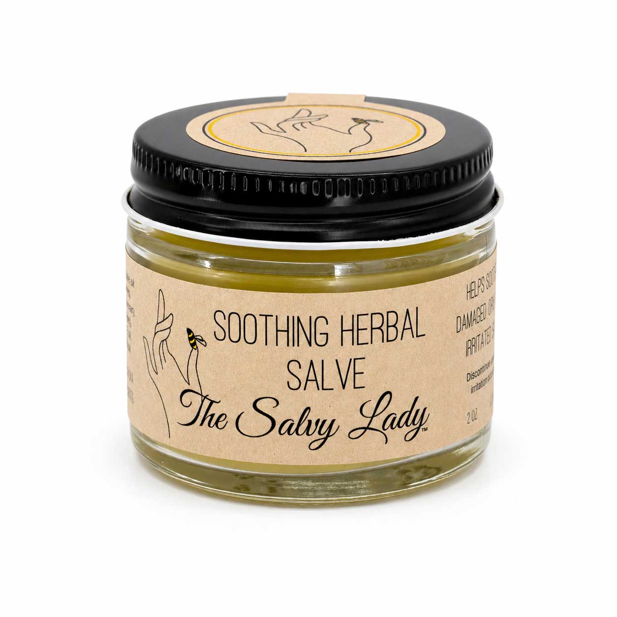 Jar of soothing herbal salve labeled 'The Salvy Lady' on a white background