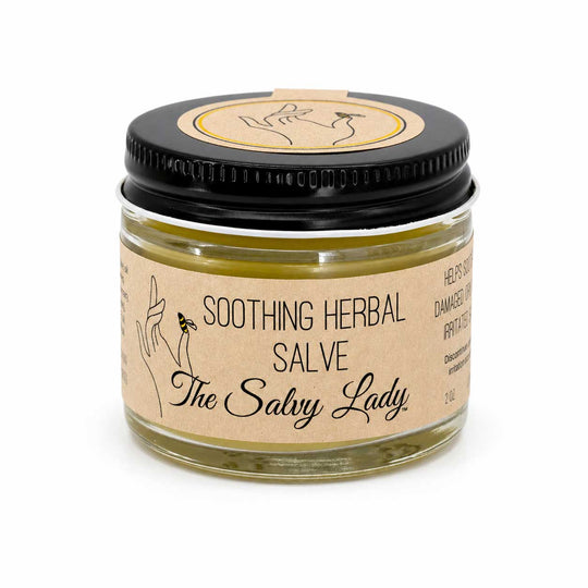 Jar of soothing herbal salve labeled 'The Salvy Lady' on a white background