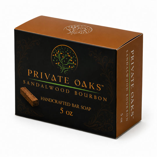 A 5 oz box of Private Oaks Sandalwood Bourbon handcrafted bar soap, shown at a three-quarter angle on a white background.