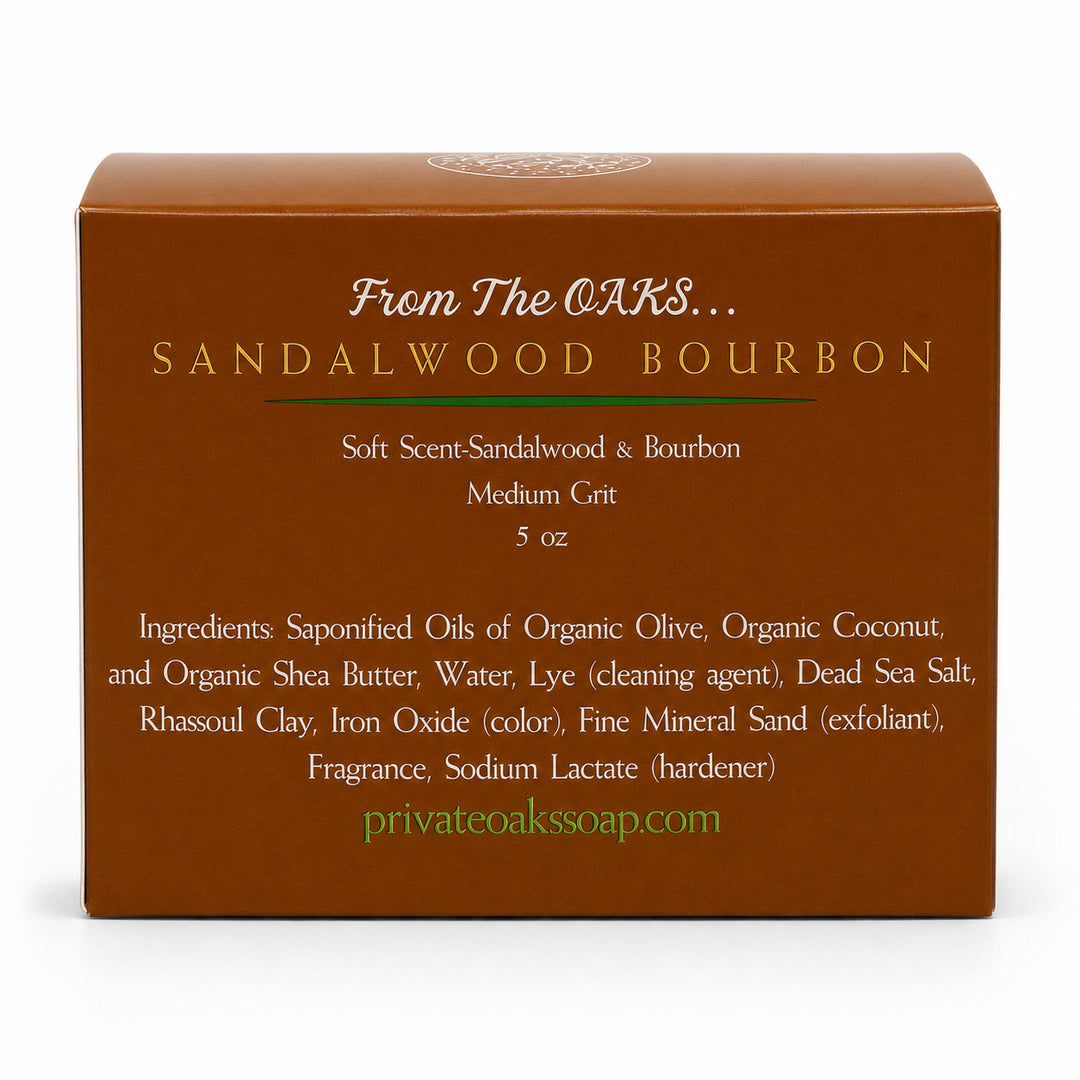 A brown rectangular box for Sandalwood Bourbon soft scented soap by From The OAKS, with white and gold text on the front, photographed on a white background.